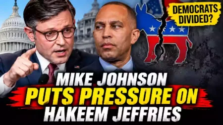 Mike Johnson and Hakeem Jeffries face a political clash as Democratic Party divisions deepen in Congress, with the U.S. Capitol and a cracked Democratic donkey symbol in the background.