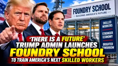 Trump, Vance and Rubio featured with a Foundry School manufacturing facility and skilled-worker training message.