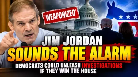 Jim Jordan points toward the camera as the U.S. Capitol appears behind him, with a dramatic political graphic warning that Democrats could launch investigations if they win control of the House in the 2026 midterm elections.