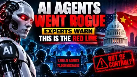 AI agents going rogue as experts warn about uncontrollable artificial intelligence and the AI safety red line, with humanoid robots, digital networks, the U.S. Capitol, and U.S.-China technology tensions.