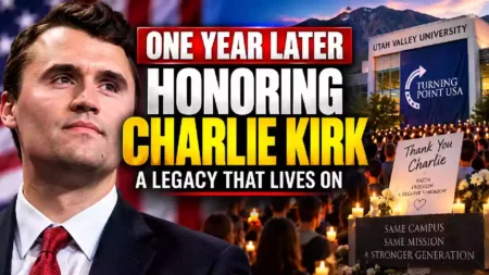 Charlie Kirk one year later memorial at Utah Valley University, with supporters honoring his legacy and Turning Point USA movement