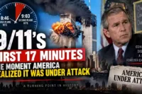 9/11 first 17 minutes thumbnail showing the World Trade Center towers, a clock marking 8:46 and 9:03, President George W. Bush, and headlines about America realizing it was under attack on September 11, 2001.