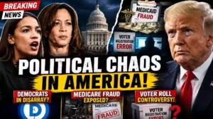 Political news thumbnail featuring Donald Trump, Kamala Harris, Alexandria Ocasio-Cortez, U.S. Capitol, Medicare fraud documents, voter registration controversy, and Democratic Party divisions.