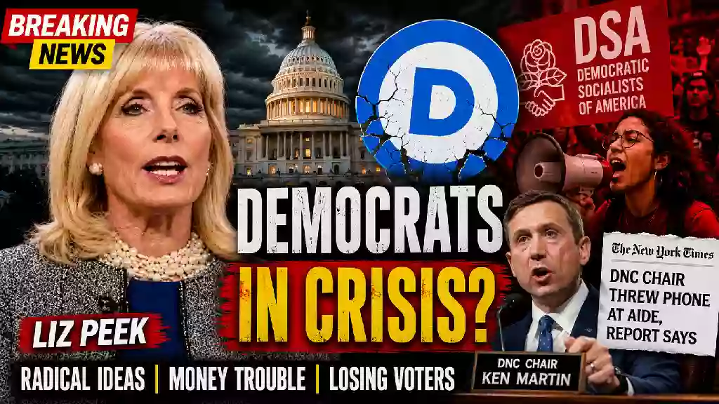 Liz Peek discusses the Democratic Party's political and fundraising challenges following controversial Democratic Socialists of America (DSA) remarks, with the U.S. Capitol, Democratic logo, and protest imagery featured in a breaking news YouTube thumbnail.