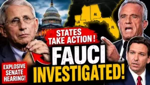 YouTube thumbnail featuring Dr. Anthony Fauci, Robert F. Kennedy Jr., and Florida Governor Ron DeSantis with the U.S. Capitol and highlighted map of Louisiana, Alabama, and Florida following a Senate hearing that renewed debate over COVID-19 accountability.