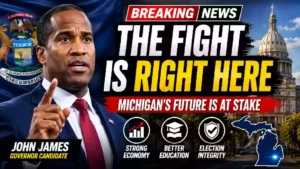 Republican Michigan gubernatorial candidate John James speaks during his 2026 campaign as a YouTube breaking news thumbnail highlights the Michigan governor race, state Capitol, and the slogan "The Fight Is Right Here."