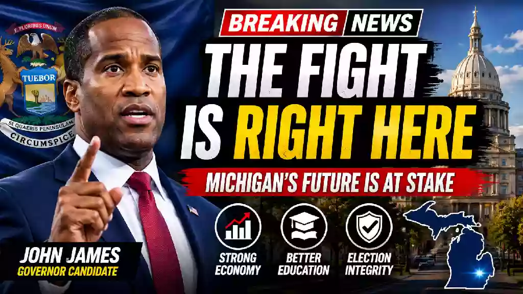 Republican Michigan gubernatorial candidate John James speaks during his 2026 campaign as a YouTube breaking news thumbnail highlights the Michigan governor race, state Capitol, and the slogan "The Fight Is Right Here."