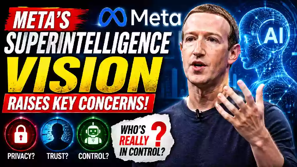 Mark Zuckerberg Meta superintelligence AI vision raises privacy and trust concerns, with artificial intelligence graphics and questions about control