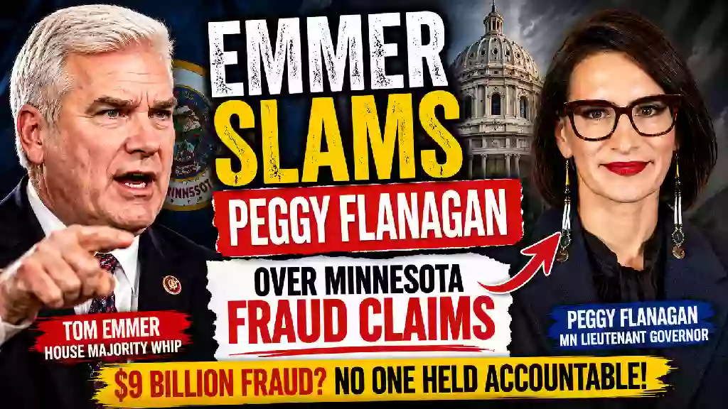 Tom Emmer and Peggy Flanagan featured in a political news graphic about Minnesota fraud claims and the 2026 election