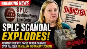 Former SPLC CFO faces federal fraud charges in alleged $1 million informant payment scheme, with Southern Poverty Law Center building, court indictment document, and money shown in breaking news graphic.