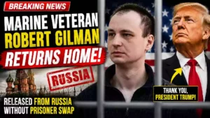 Breaking news thumbnail depicting an American Marine veteran behind prison bars alongside President Donald Trump, with Russia imagery and text about his release without a prisoner swap
