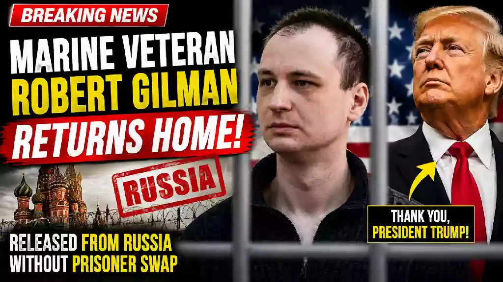 Breaking news thumbnail depicting an American Marine veteran behind prison bars alongside President Donald Trump, with Russia imagery and text about his release without a prisoner swap