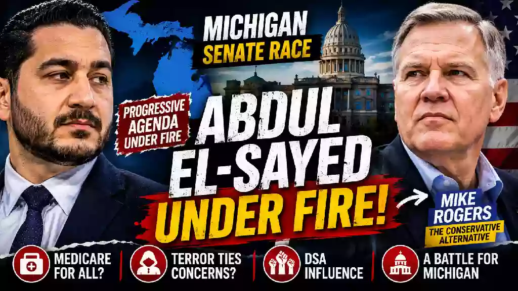 Abdul El-Sayed and Mike Rogers face off in a dramatic Michigan Senate race graphic highlighting progressive politics, Medicare for All, DSA influence and Republican opposition.