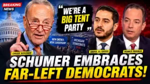 Chuck Schumer pictured alongside a U.S. Capitol backdrop with headline about his support for progressive Democrats ahead of the 2026 midterm elections.