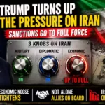 Donald Trump points toward viewers as economic sanctions against Iran intensify, with Iran’s flag, Tehran skyline, falling currency graphic and three military, diplomatic and economic pressure controls shown in the background.