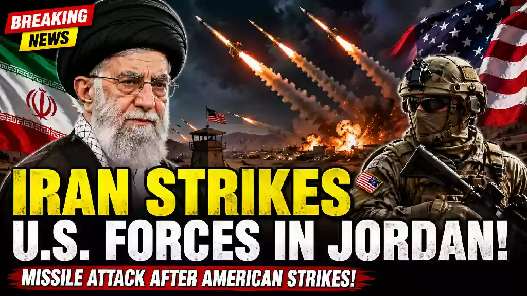 Iran launches ballistic missile attack targeting U.S. forces in Jordan after American strikes on Iranian missile launchers near the Strait of Hormuz, with Iranian and American military imagery.